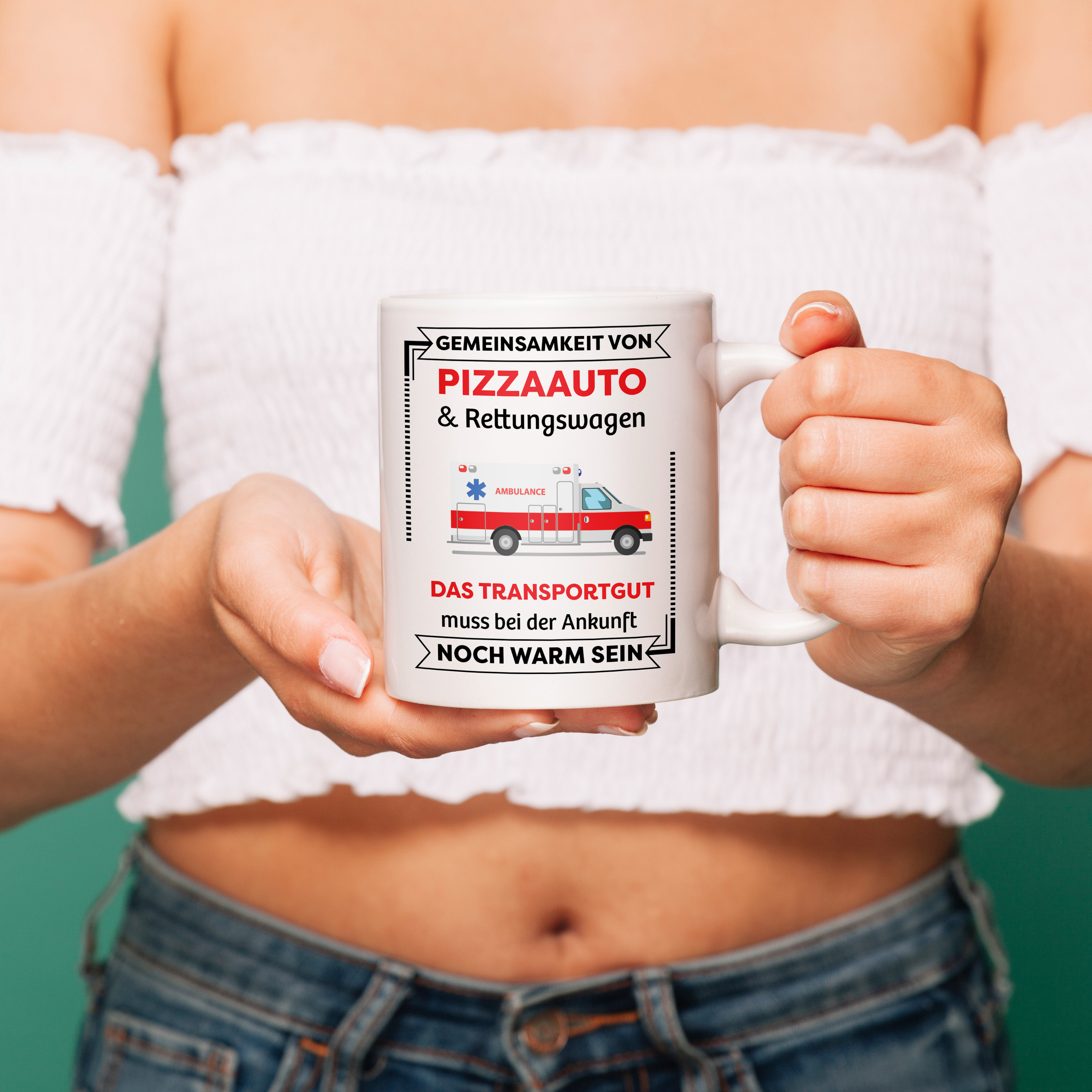Similarities between pizza car & ambulance - funny mug for rescue service heroes!